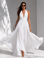 White Chiffon Halter V-Neck Flowy Long Dress