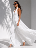 White Chiffon Halter V-Neck Flowy Long Dress
