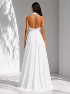 White Chiffon Halter V-Neck Flowy Long Dress