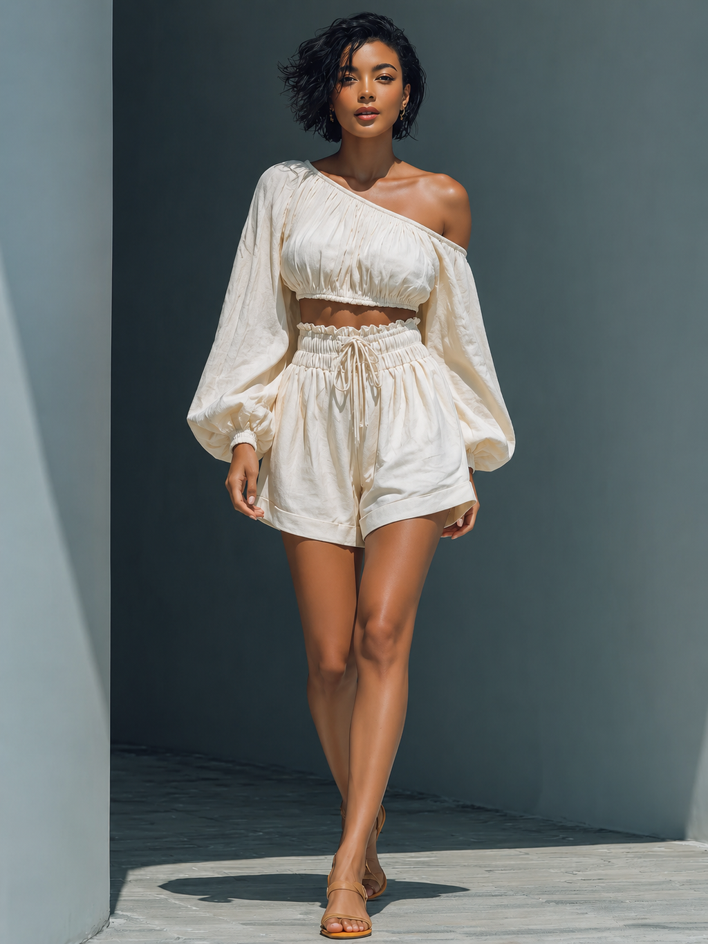 Black and White Batwing Cold-Shoulder Top & Ruffle Shorts Set