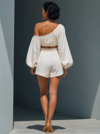 Black and White Batwing Cold-Shoulder Top & Ruffle Shorts Set