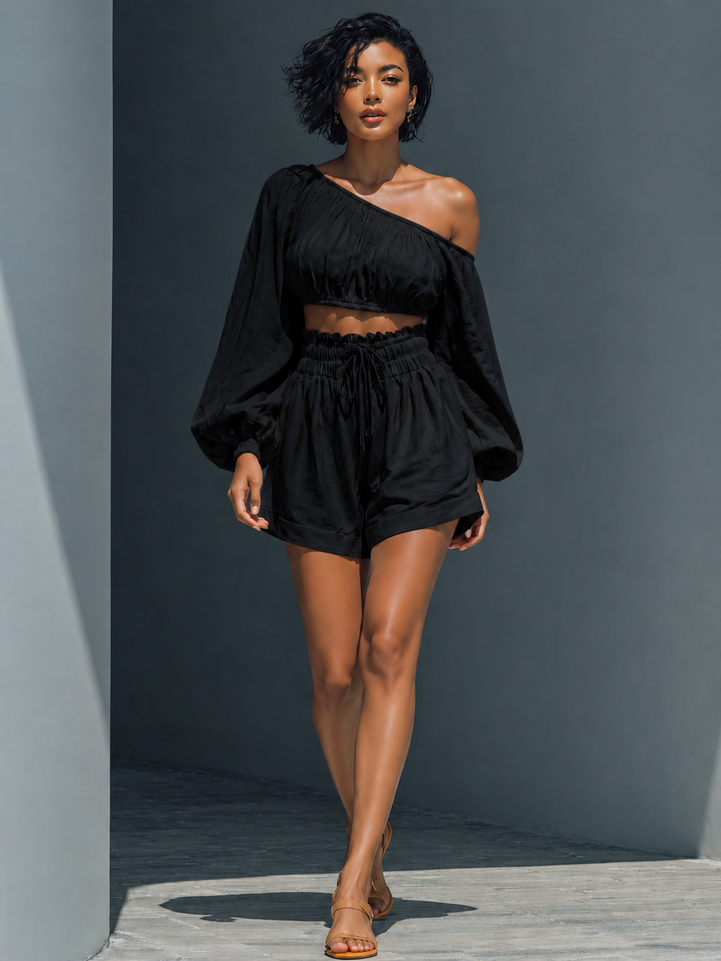 Black and White Batwing Cold-Shoulder Top & Ruffle Shorts Set