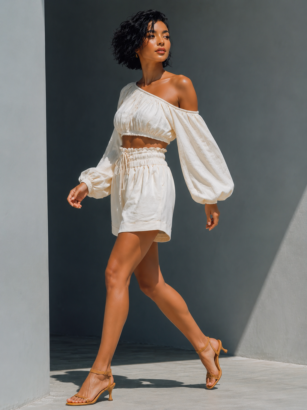Black and White Batwing Cold-Shoulder Top & Ruffle Shorts Set