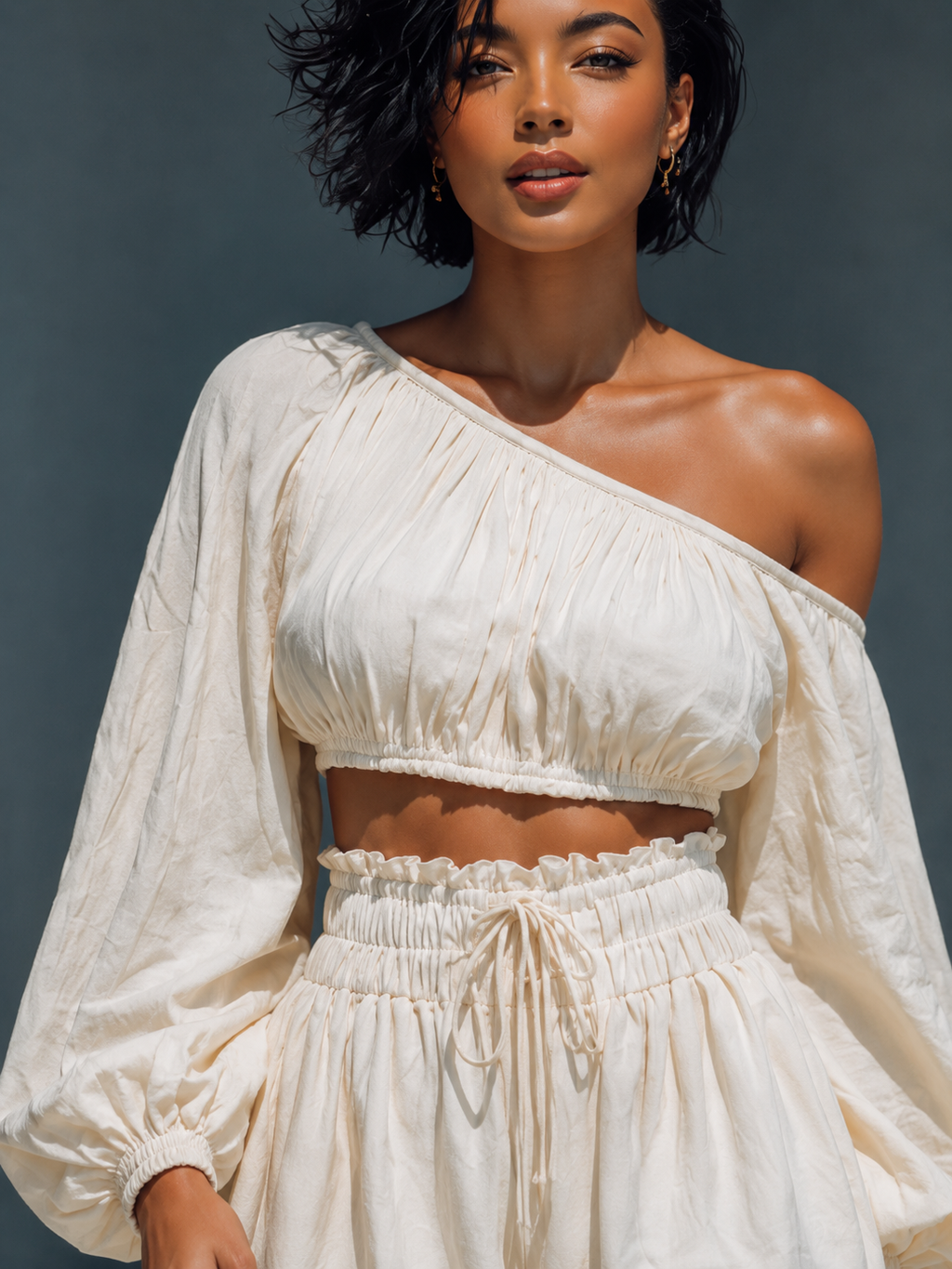 Black and White Batwing Cold-Shoulder Top & Ruffle Shorts Set