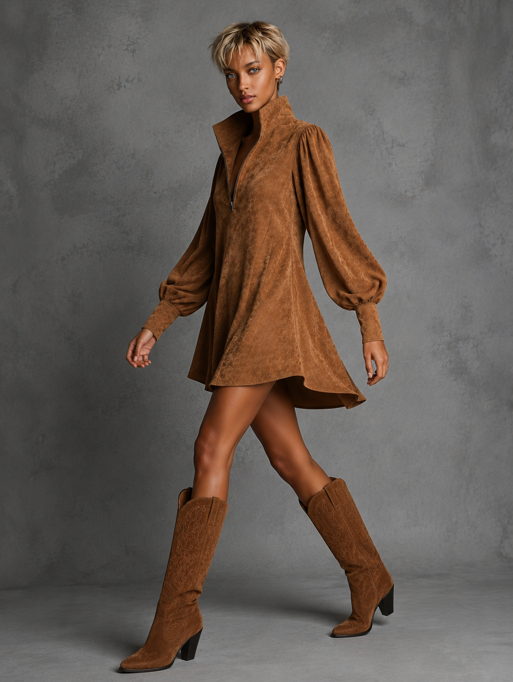 Suede Embossed V-Neck Long-Sleeve Dress