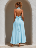 Women's Light Blue Linen-Blend Halter Neck Wrap Maxi Dress With Waist Tie & Front Slit, Timeless Resort-Chic Style Dress MDZ1473D5LYL