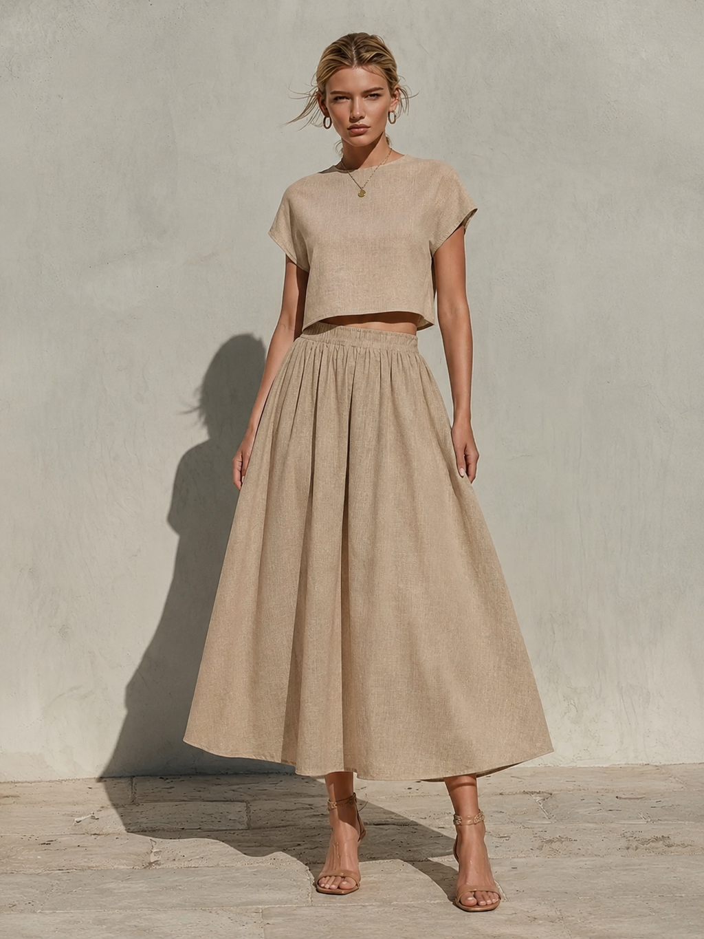Khaki Cotton High-Waisted Bubble Midi Skirt