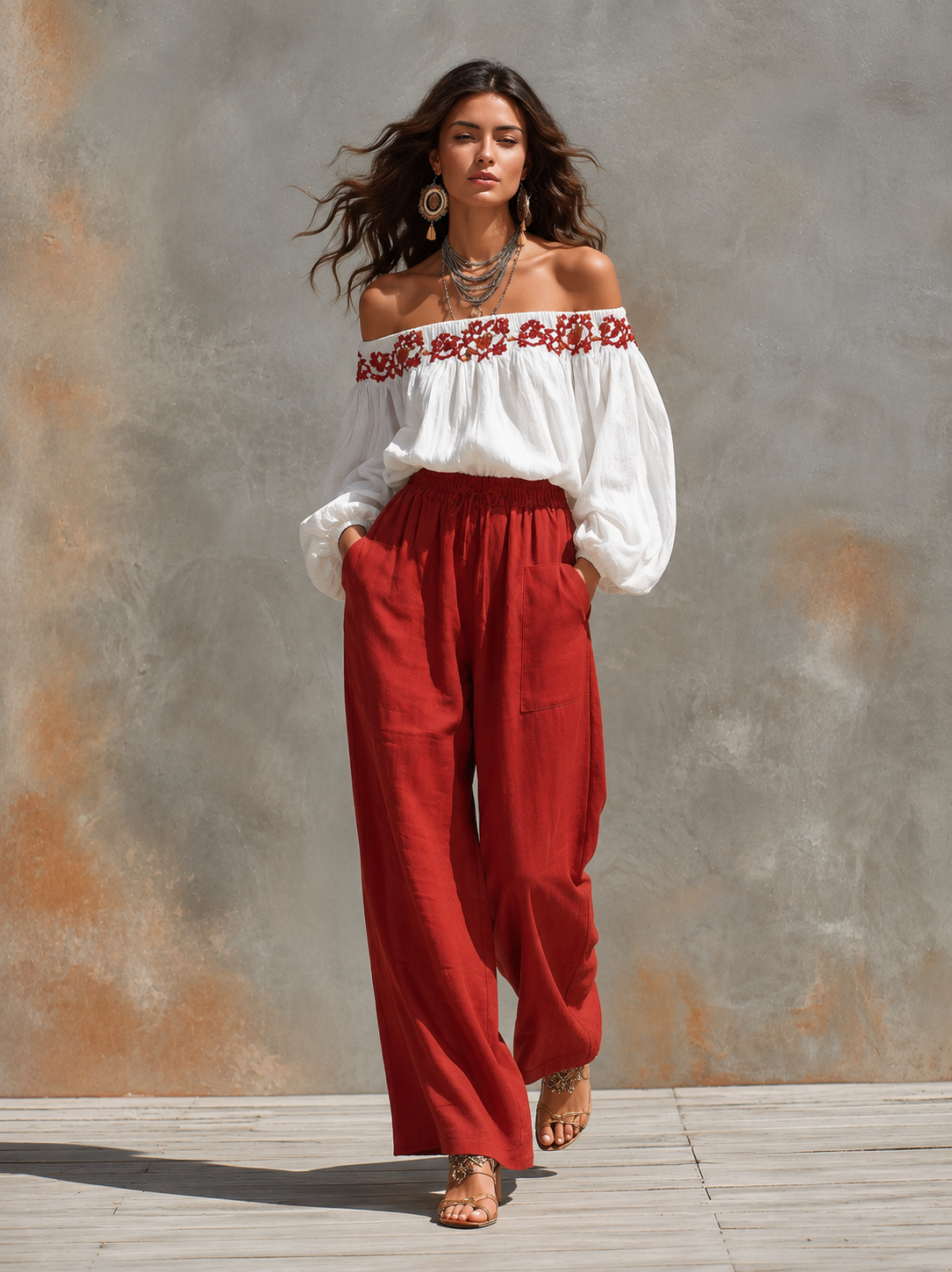 Linen Elastic-Waist Wide-Leg Pants