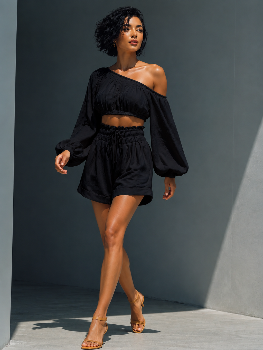 Black and White Batwing Cold-Shoulder Top & Ruffle Shorts Set