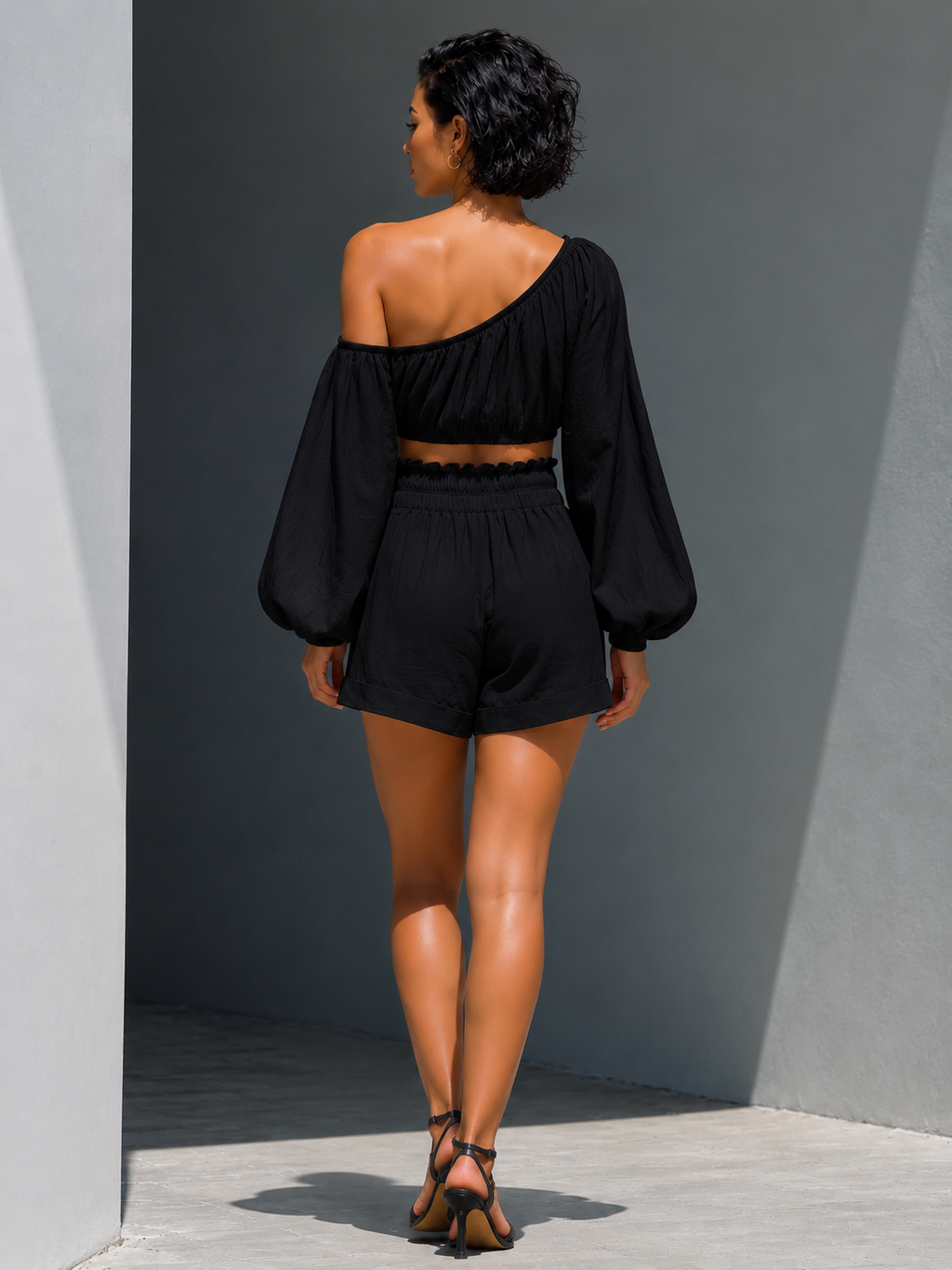 Black and White Batwing Cold-Shoulder Top & Ruffle Shorts Set