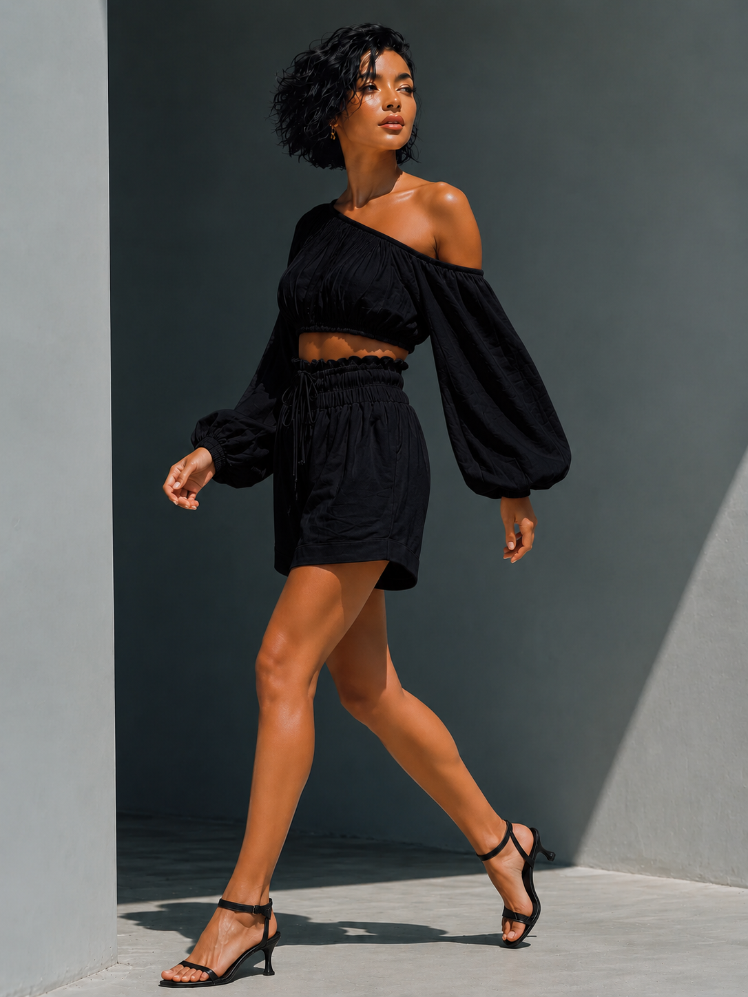Black and White Batwing Cold-Shoulder Top & Ruffle Shorts Set