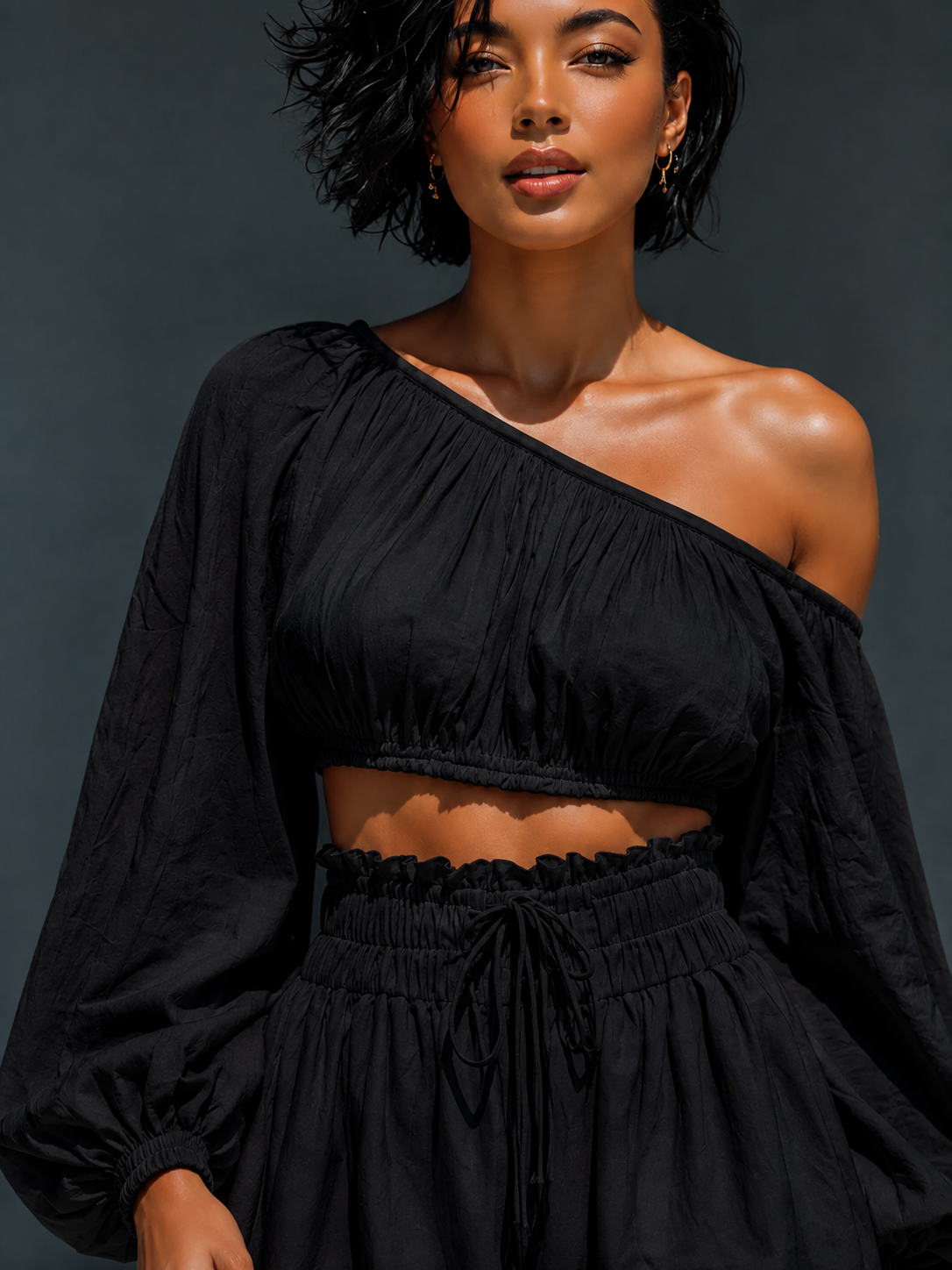 Black and White Batwing Cold-Shoulder Top & Ruffle Shorts Set
