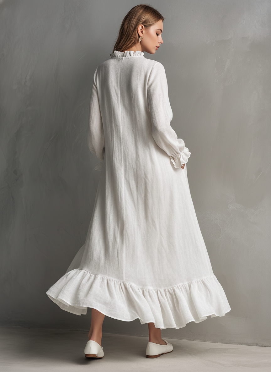 Women's Casual White Cotton Linen V-neck Long-sleeved Loose-fitting Maxi Dress With Lining MDZ0371D3LXY