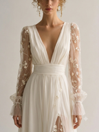 Women's Ivory Linen Puff Sleeve Maxi Dress With Plunging Neck & Ruffle Trim, Timeless Romantic-Chic Style Dress MDZ1561D5LYL