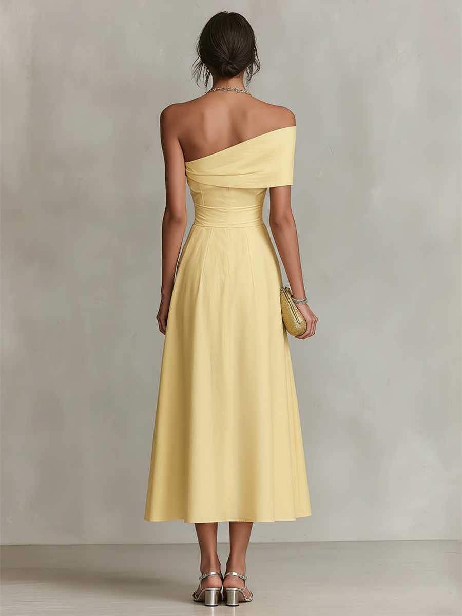 Yellow Linen One-Shoulder Fitted Dress