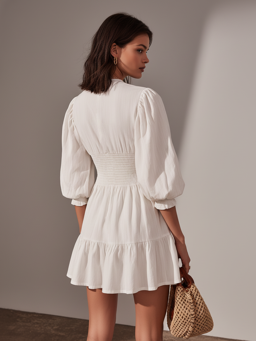 White Cotton-Linen Round-Neck Zipper Mini Dress