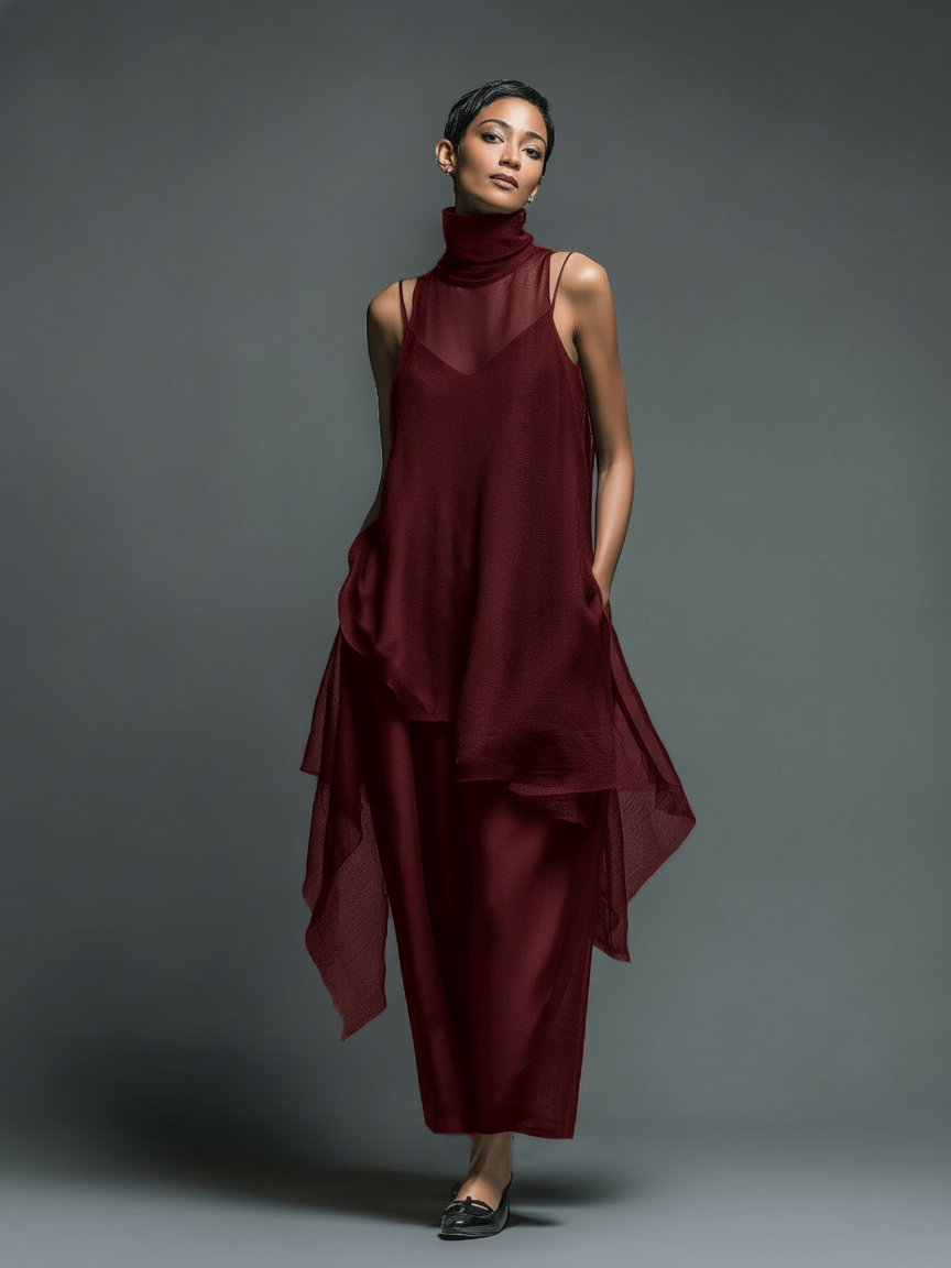 Women's Minimalist Imitation Acetate Slip Dress Paired With A Chiffon Overlay Maxi Dress MDZ2702A3Y