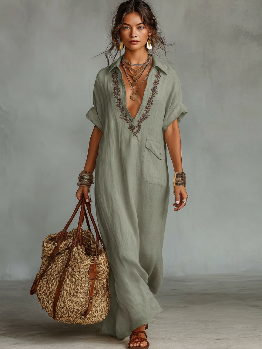 Women's Minimalist Linen Blend Embroidered Short-sleeved Shirt Maxi Dress MDZ0600A1Y