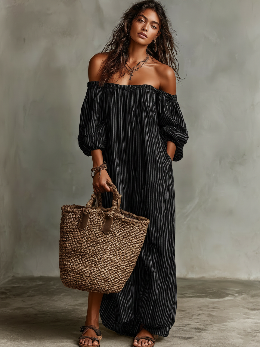 Off-Shoulder Cotton Linen Maxi Dress