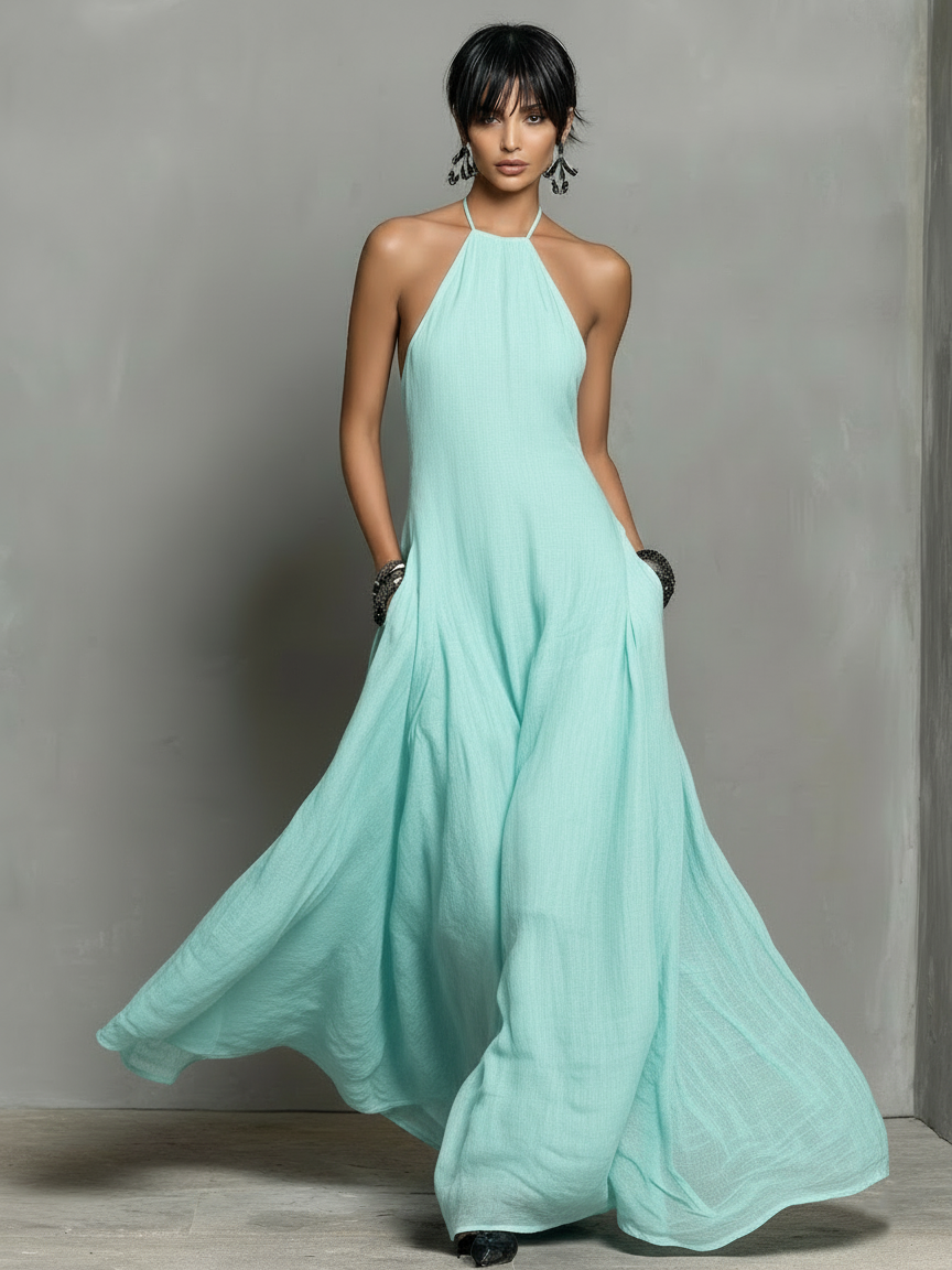 Linen Blend Halter Neck Maxi Dress