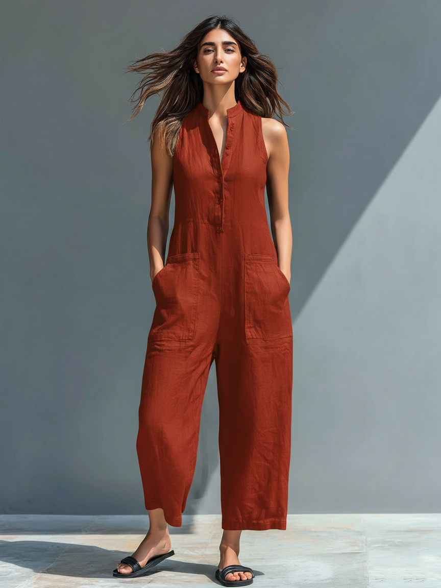 Linen Blend Stand Collar Jumpsuit