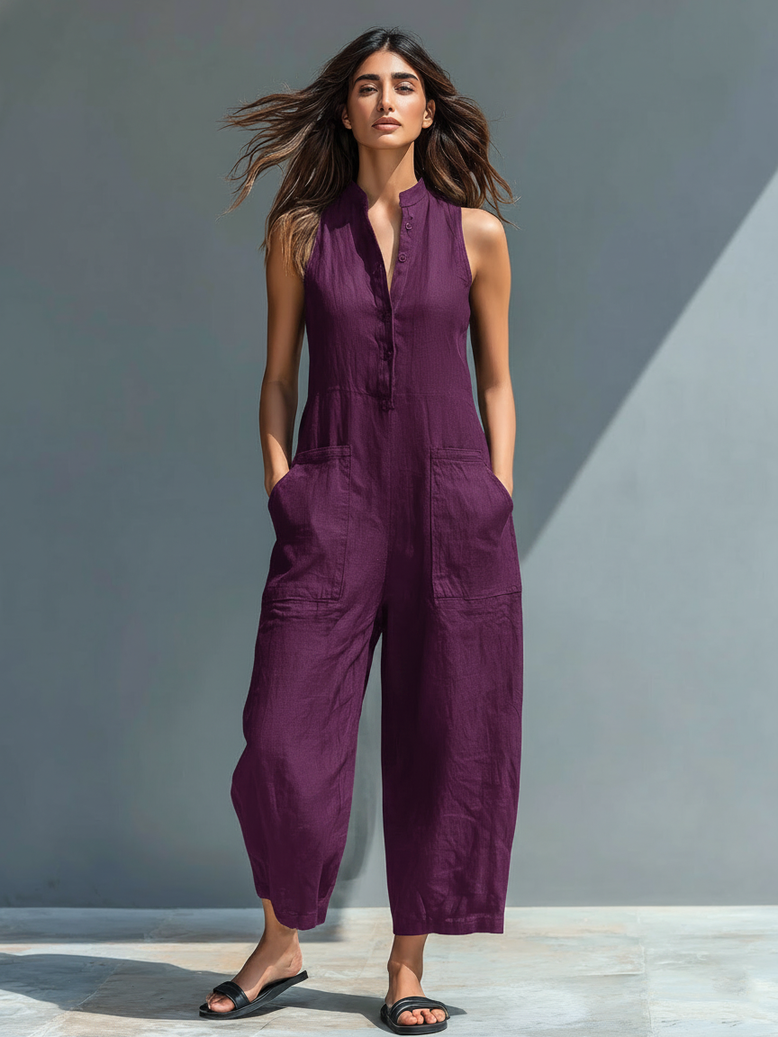 Linen Blend Stand Collar Jumpsuit