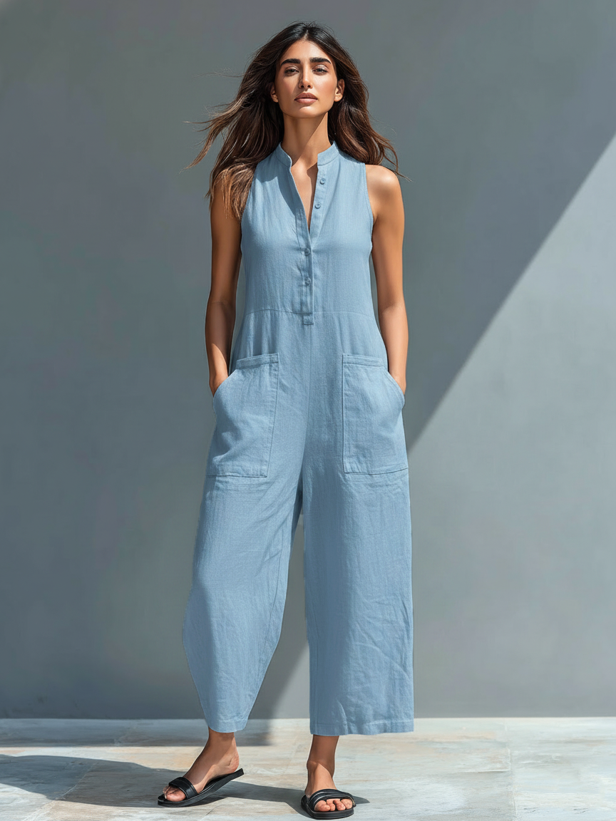Linen Blend Stand Collar Jumpsuit