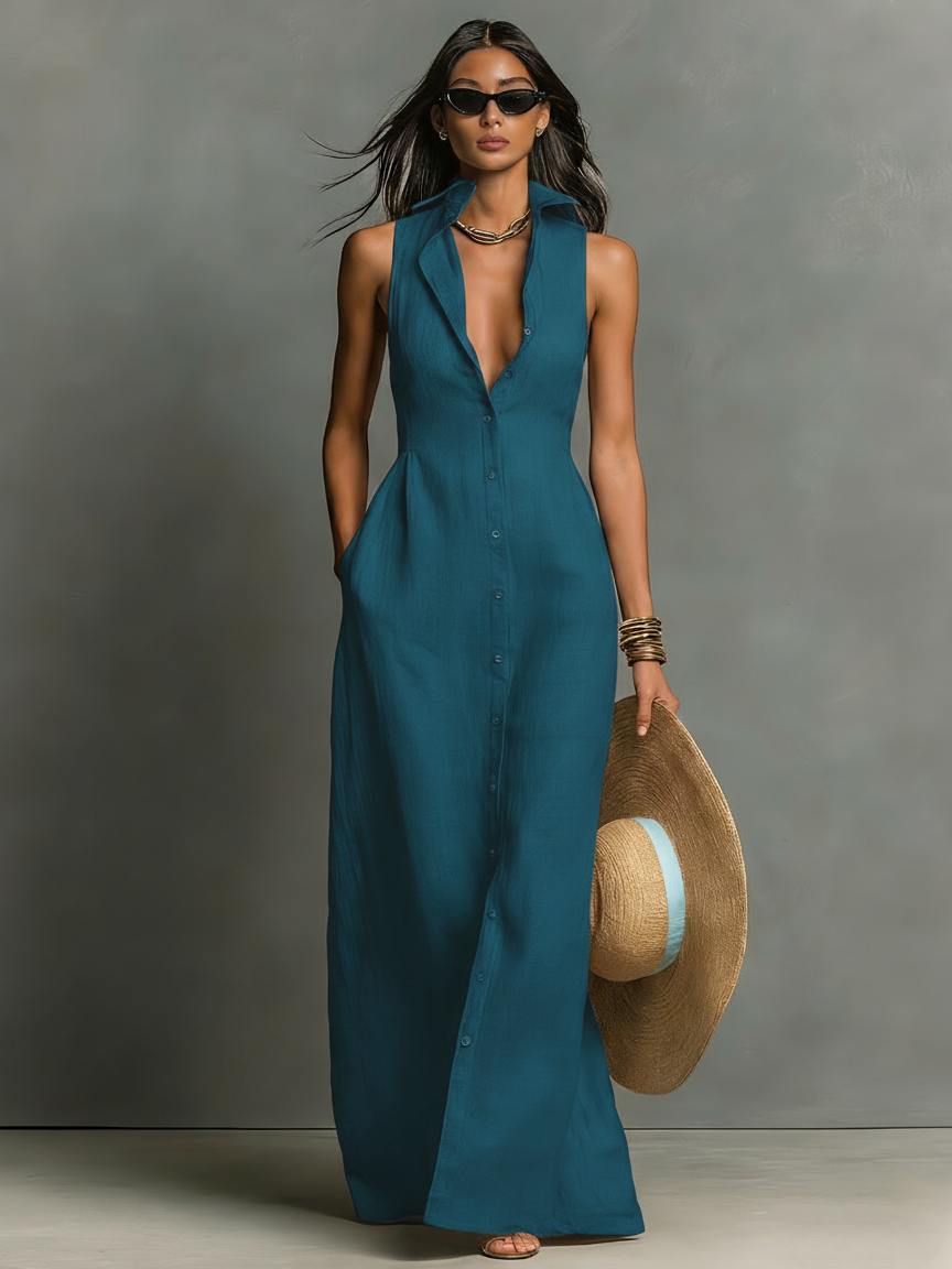 Women's Minimalist Linen-Blend Collared Single-Breasted Sleeveless Maxi Shirt Dress MDZ1011C0Y