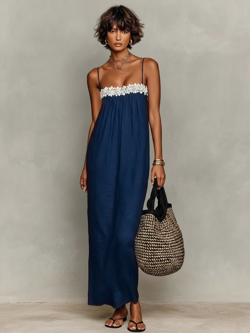 Women's Minimalist Linen-Blend Lace-Paneled Strapless With Spaghetti Straps Maxi Dress MDZ1926C9Y