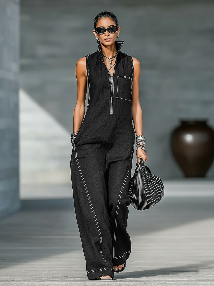 White-Trimmed Sleeveless Jumpsuit