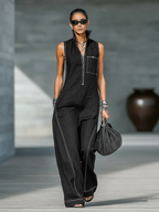 White-Trimmed Sleeveless Jumpsuit