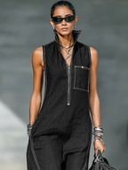 White-Trimmed Sleeveless Jumpsuit