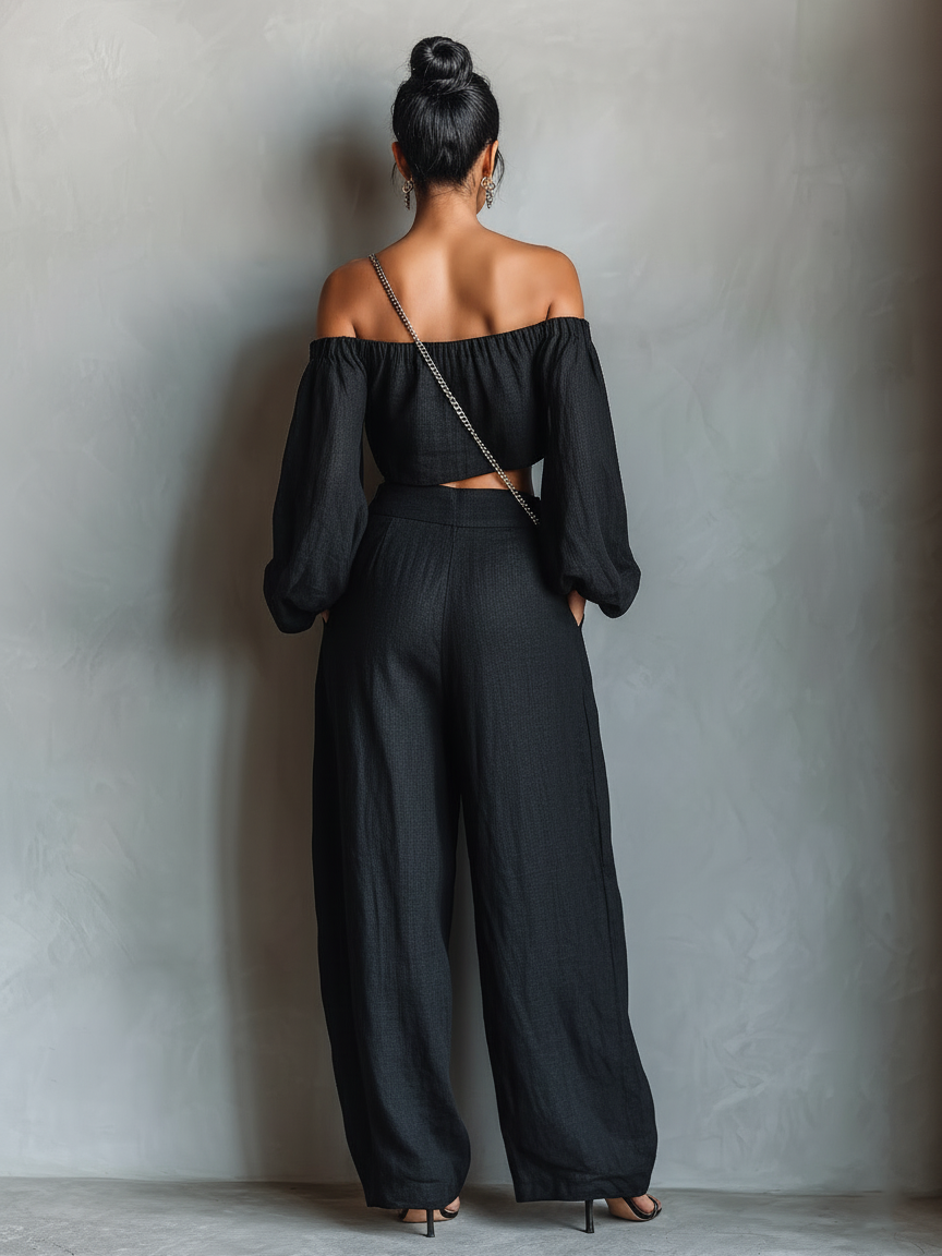 Linen Strapless Blouse & Wide-Leg Pants Set