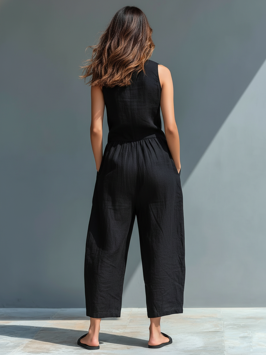 Linen Blend Stand Collar Jumpsuit