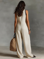 Embroidered Linen Stand Collar Jumpsuit