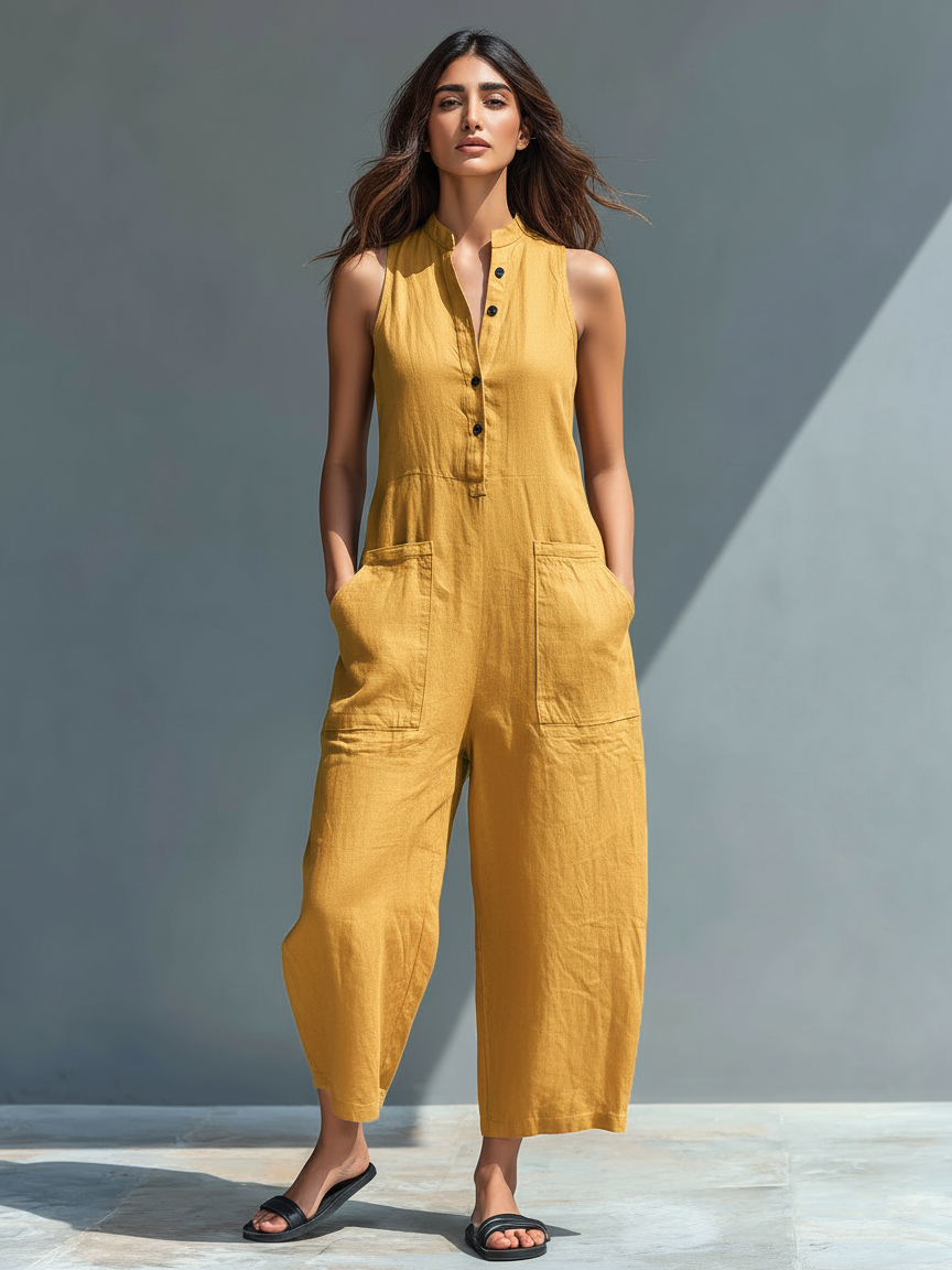 Linen Blend Stand Collar Jumpsuit