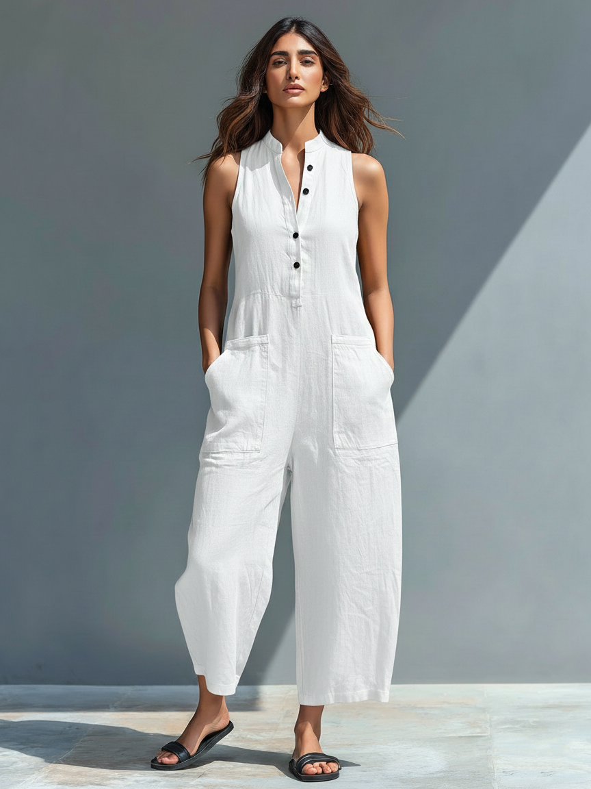 Linen Blend Stand Collar Jumpsuit