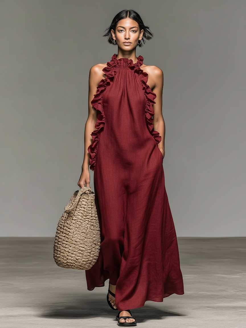 Linen Blend Ruffle Detail Sleeveless Maxi Dress