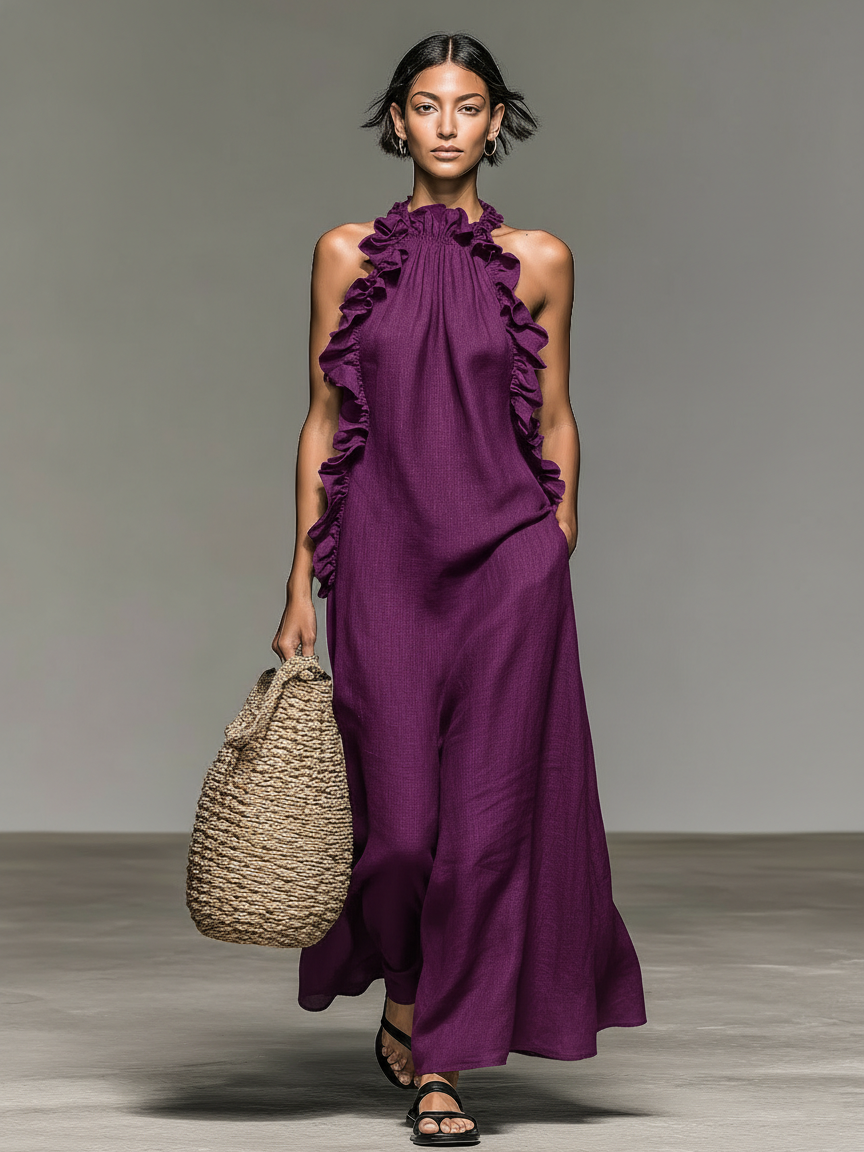 Linen Blend Ruffle Detail Sleeveless Maxi Dress