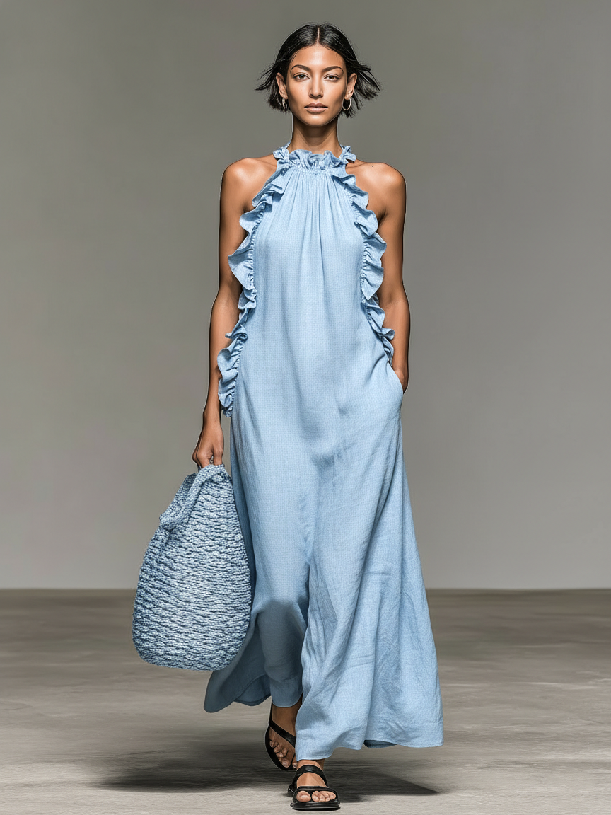 Linen Blend Ruffle Detail Sleeveless Maxi Dress