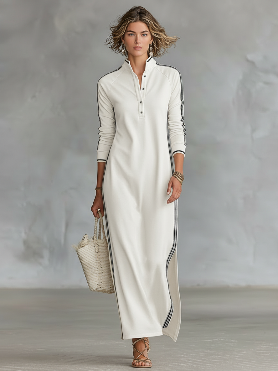 White-Trimmed Collar Sweatshirt Maxi Dress