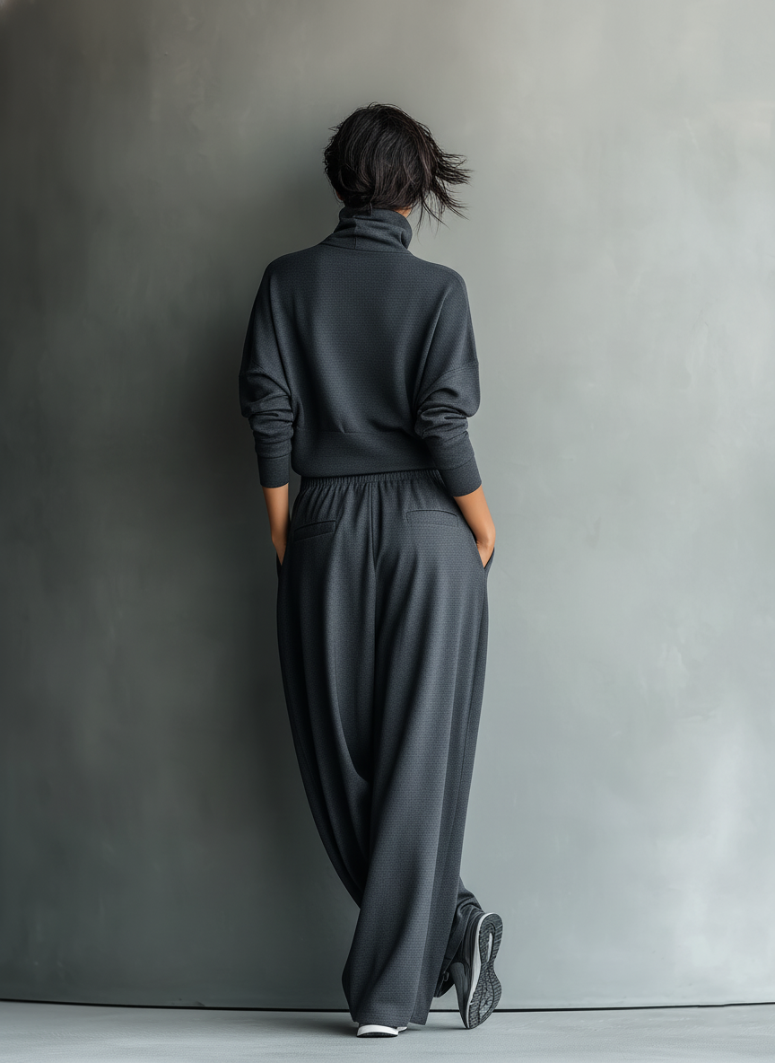 Charcoal Knit Turtleneck & Wide-Leg Pants Set