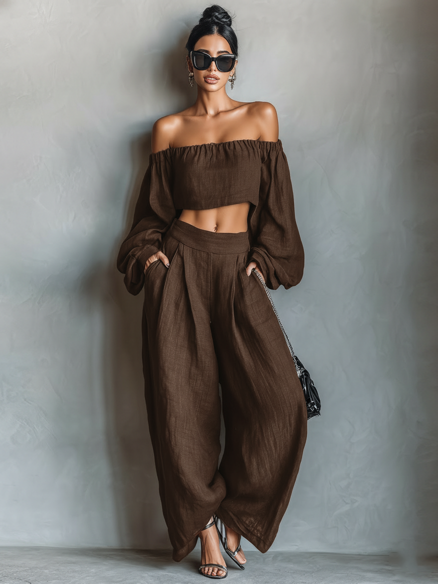 Linen Strapless Blouse & Wide-Leg Pants Set