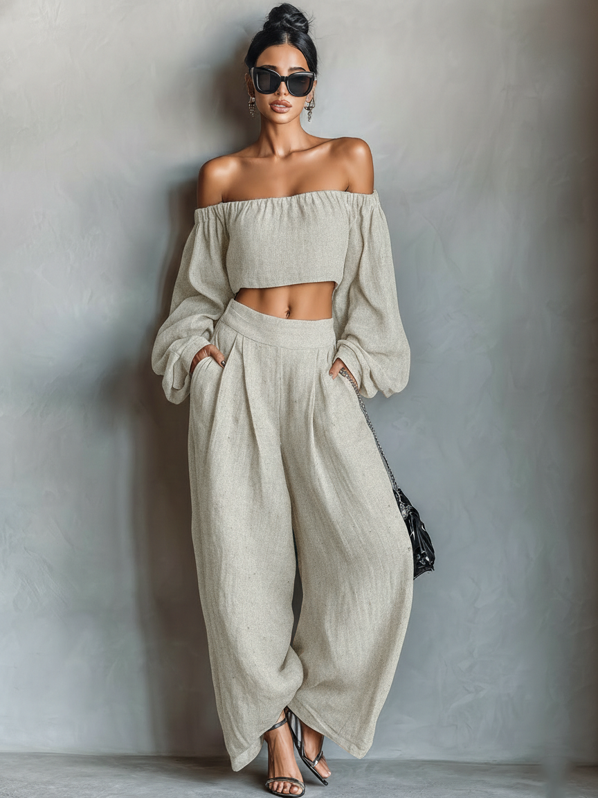 Linen Strapless Blouse & Wide-Leg Pants Set