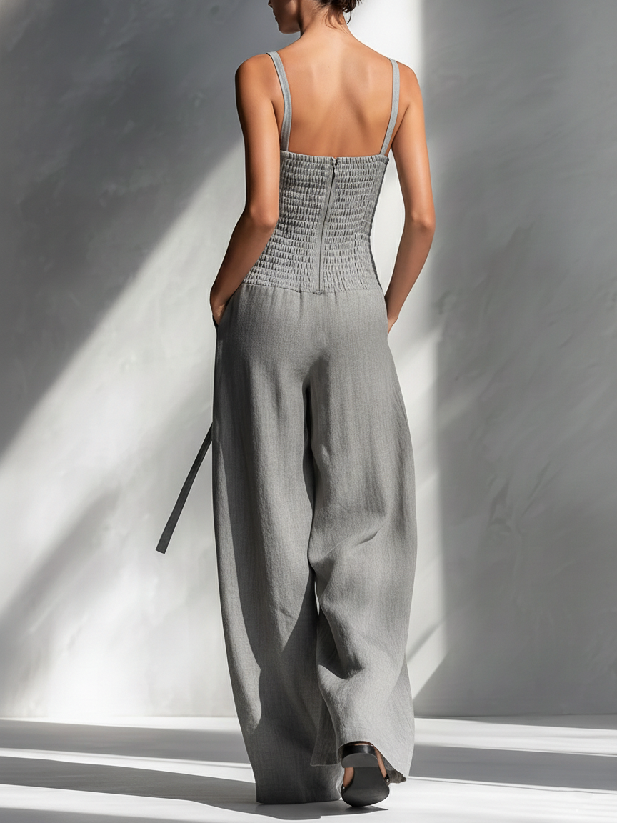 Grey Linen Square-Neck Tie-Waist Wide-Leg Jumpsuit