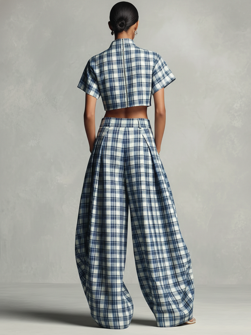 Plaid Turtleneck Crop Top & Wide-Leg Set