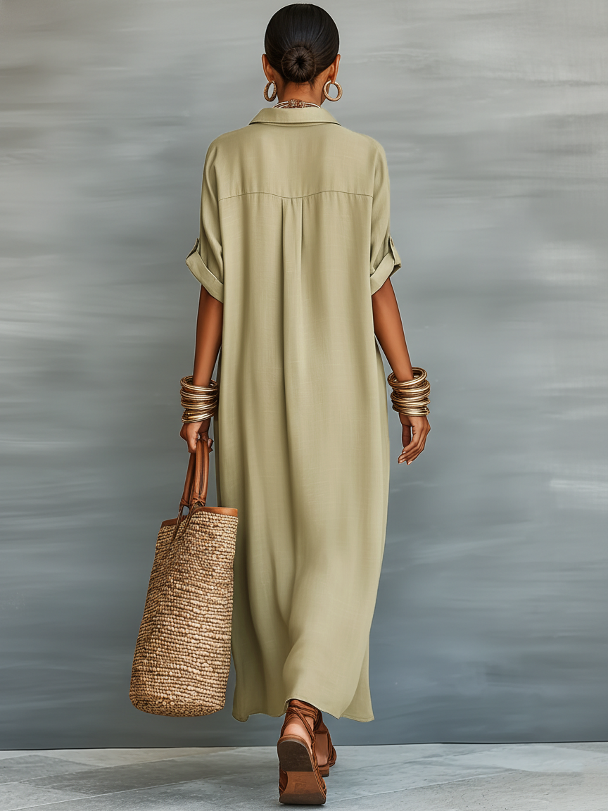 Linen Blend Short Sleeve Shirt Maxi Dress