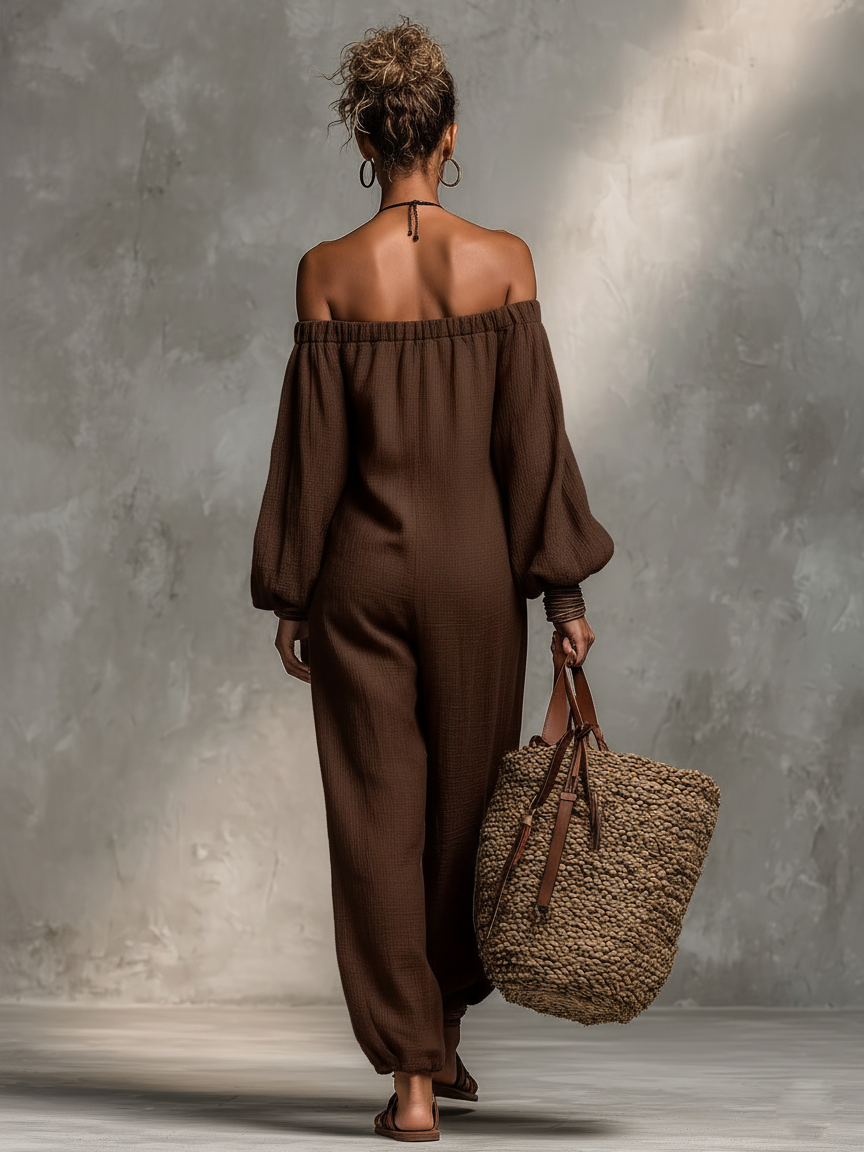 Linen Strapless Long-Sleeve Jumpsuit