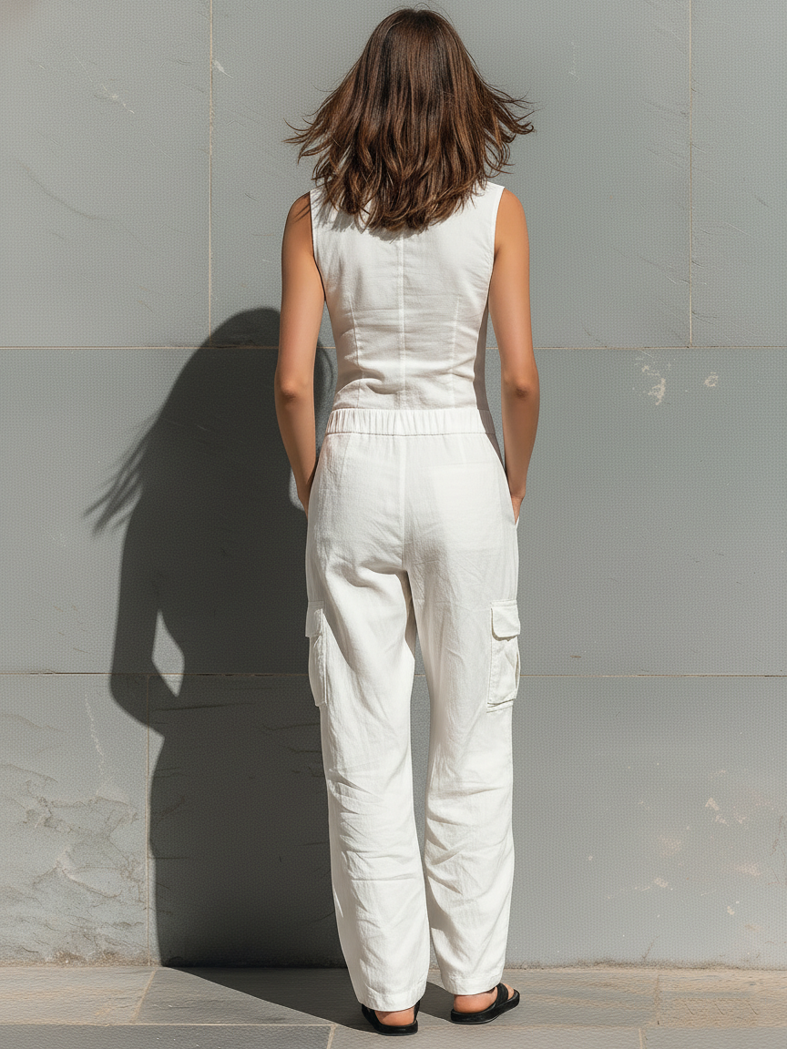 Single-Breasted Sleeveless Cotton Jumpsuit