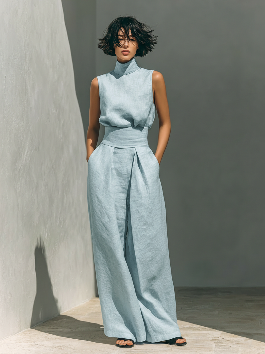 Linen Blend Blouse & Wide-Leg Pants Set